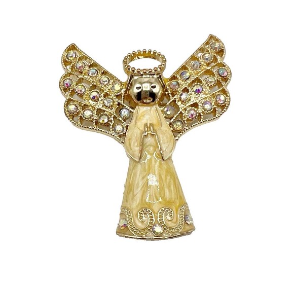 Monet Gold Tone Enameled Angel Brooch Pin  Rhinestones Wings Holiday 2.25" - Picture 1 of 5